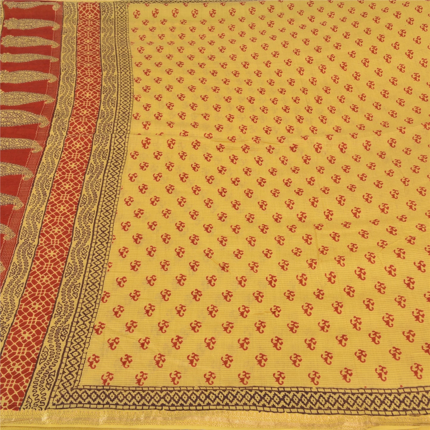 Sanskriti Vintage Yellow/Red Sarees Pure Cotton Hand-Block Printed Sari Fabric