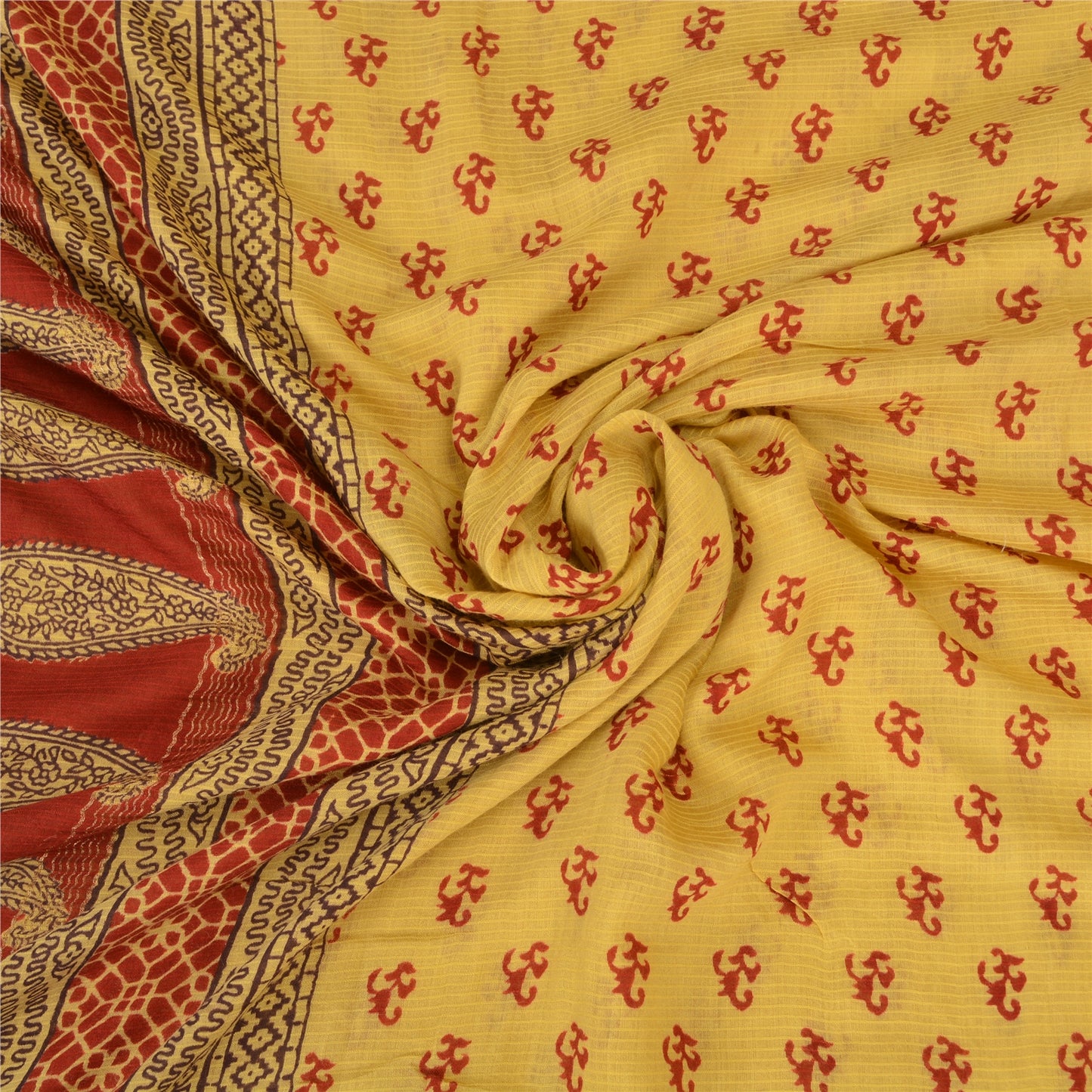 Sanskriti Vintage Yellow/Red Sarees Pure Cotton Hand-Block Printed Sari Fabric