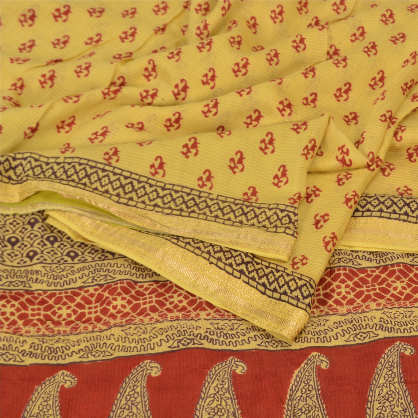 Sanskriti Vintage Yellow/Red Sarees Pure Cotton Hand-Block Printed Sari Fabric