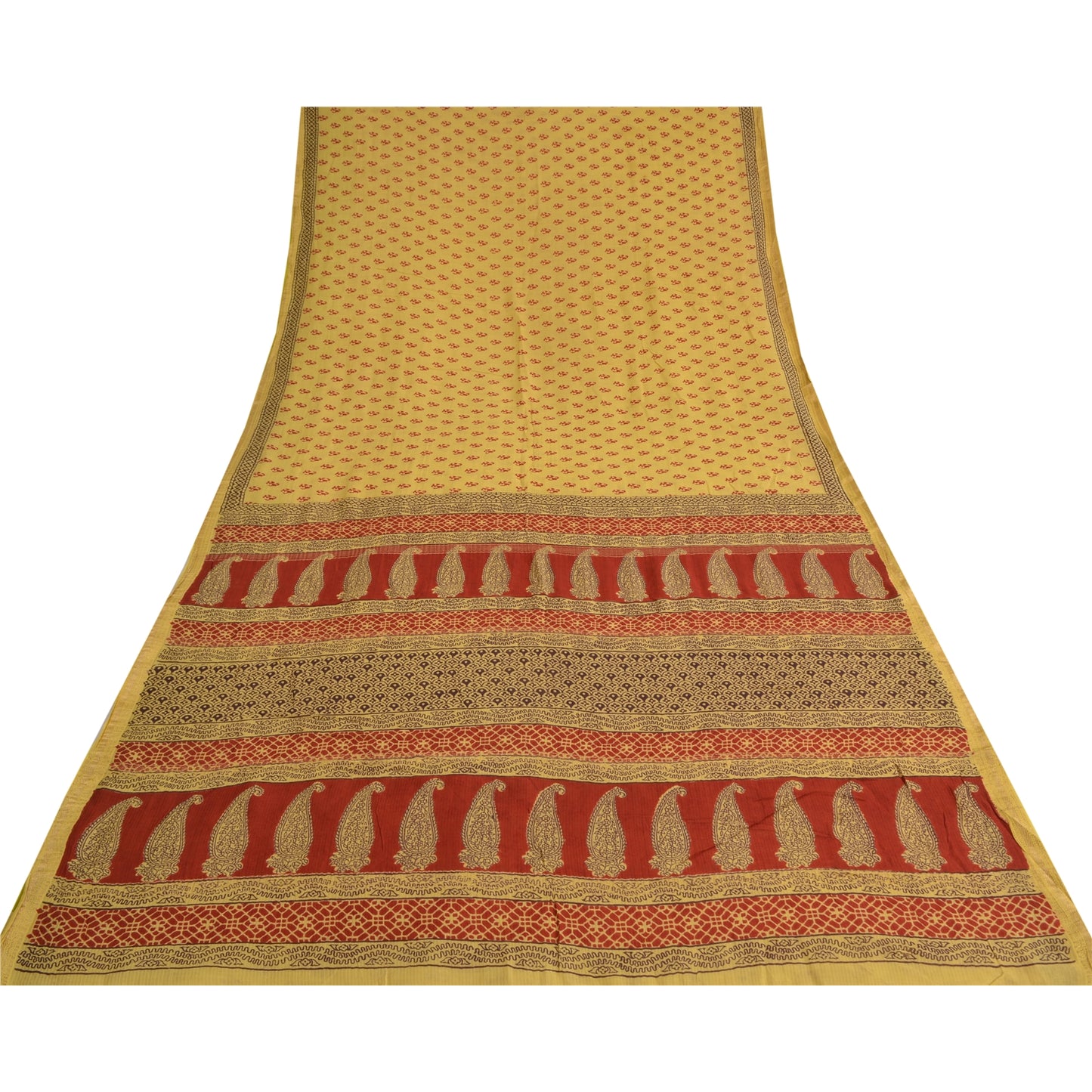 Sanskriti Vintage Yellow/Red Sarees Pure Cotton Hand-Block Printed Sari Fabric