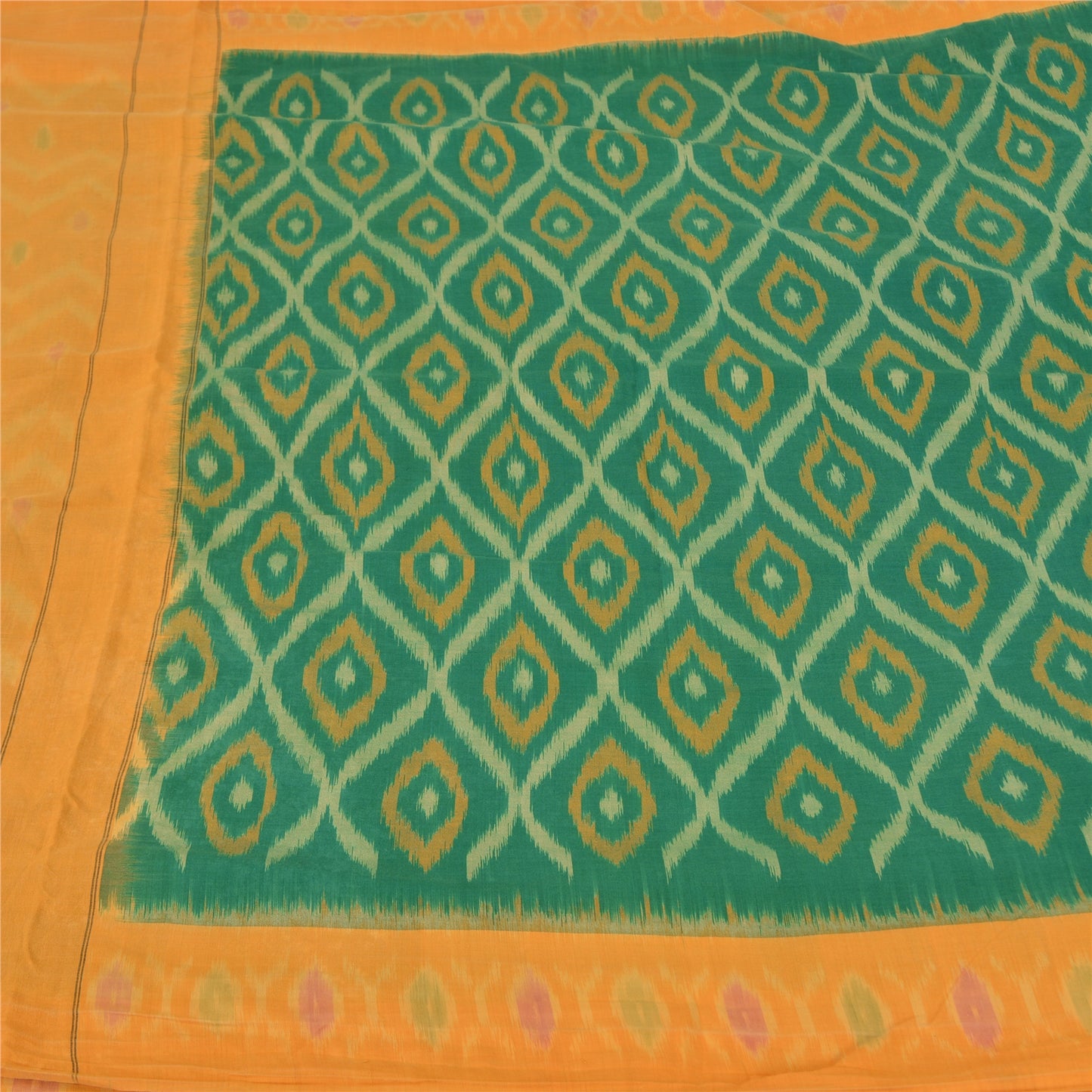 Sanskriti Vintage Yellow/Green Sarees Pure Cotton Woven Ikat Premium Sari Fabric