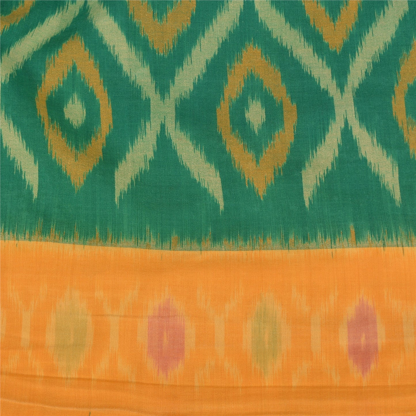 Sanskriti Vintage Yellow/Green Sarees Pure Cotton Woven Ikat Premium Sari Fabric