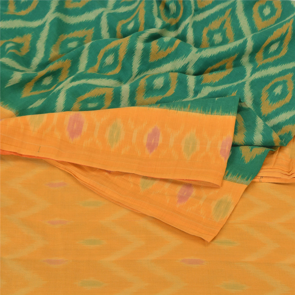 Sanskriti Vintage Yellow/Green Sarees Pure Cotton Woven Ikat Premium Sari Fabric