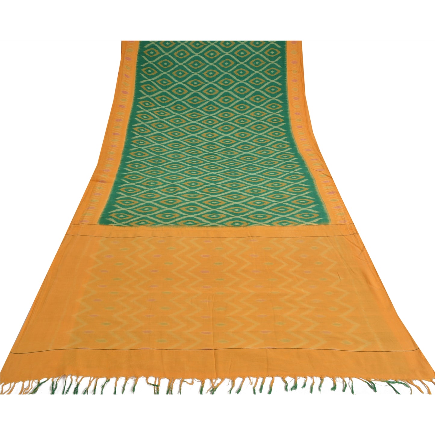 Sanskriti Vintage Yellow/Green Sarees Pure Cotton Woven Ikat Premium Sari Fabric