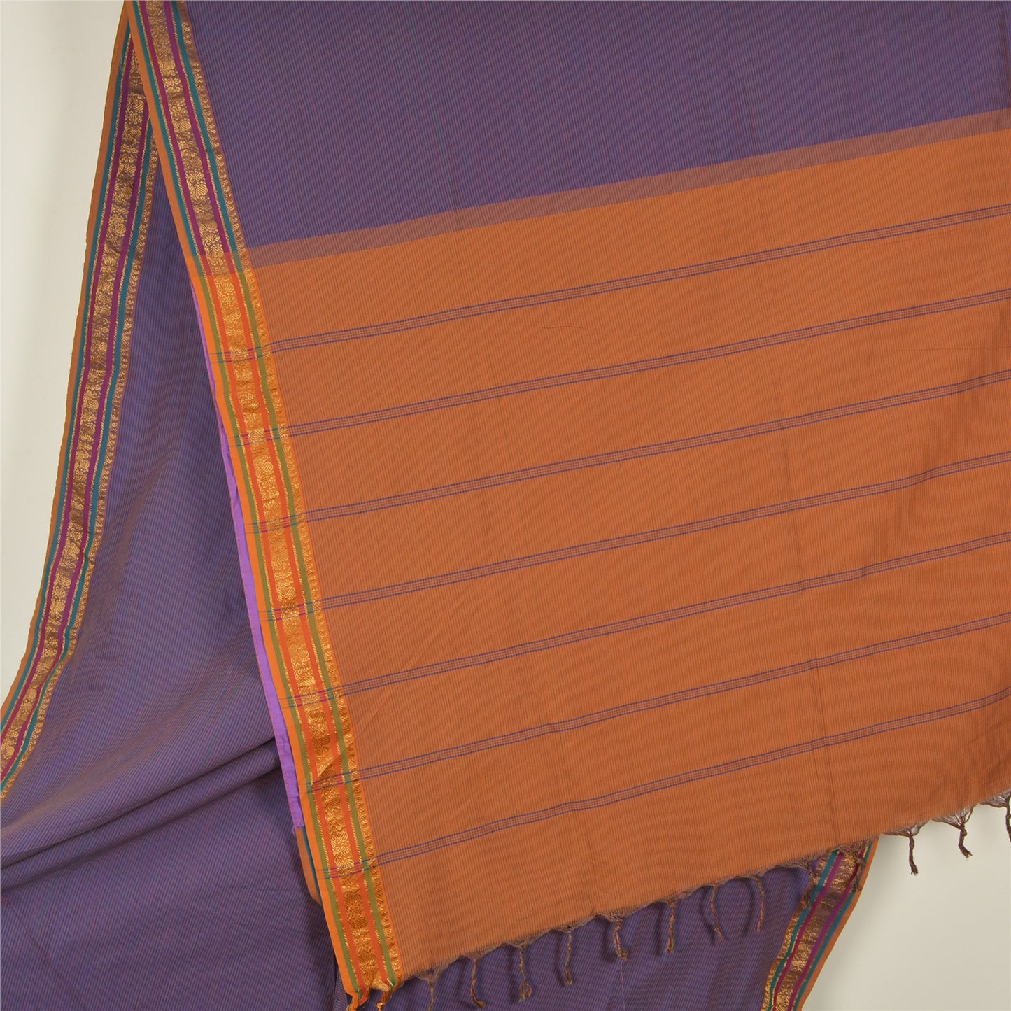 Sanskriti Vintage Saffron/Blue Sarees Blend Silk Woven Ilkal Premium Sari Fabric