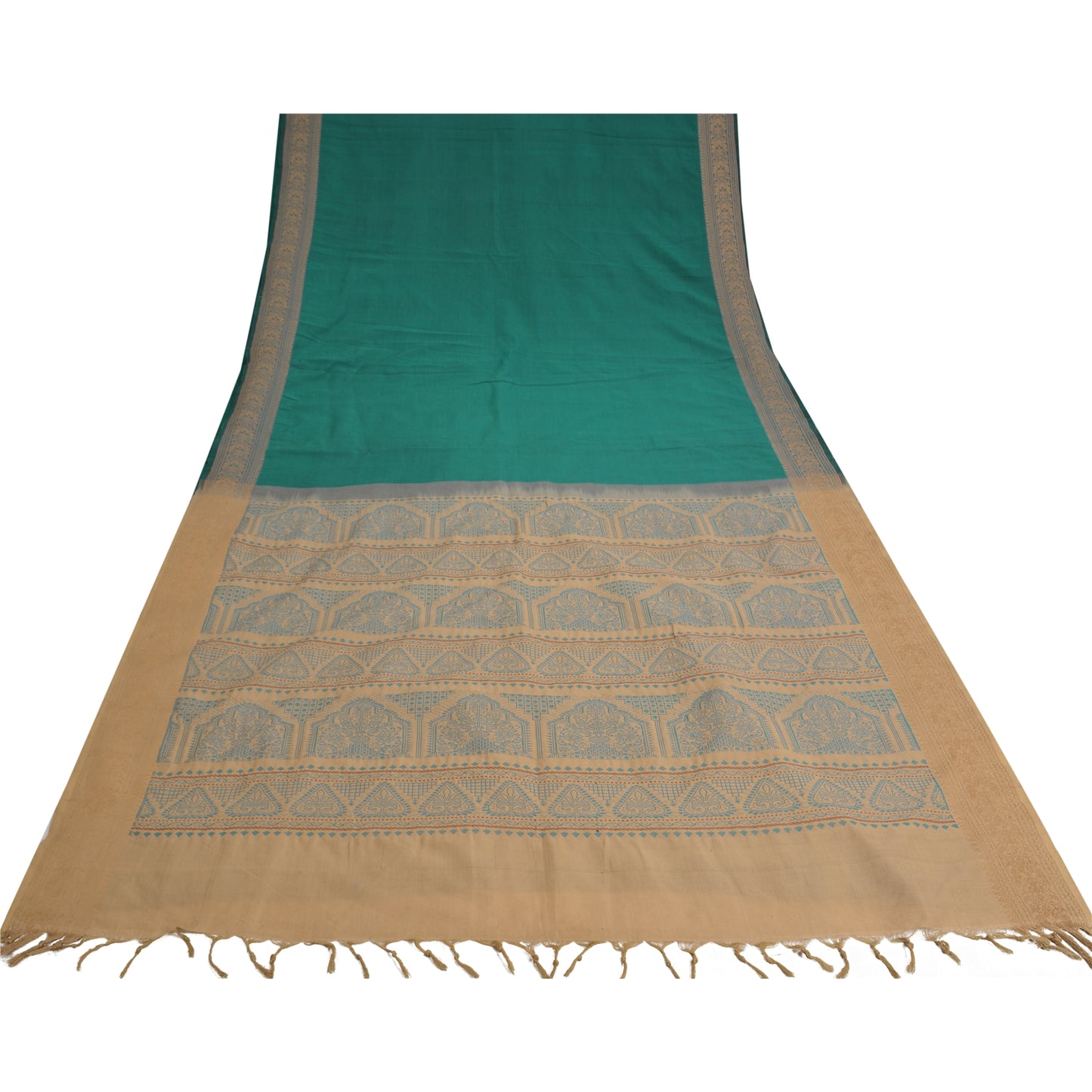 Sanskriti Vintage Green/Beige Sarees Blend Cotton Woven Premium Sari Fabric