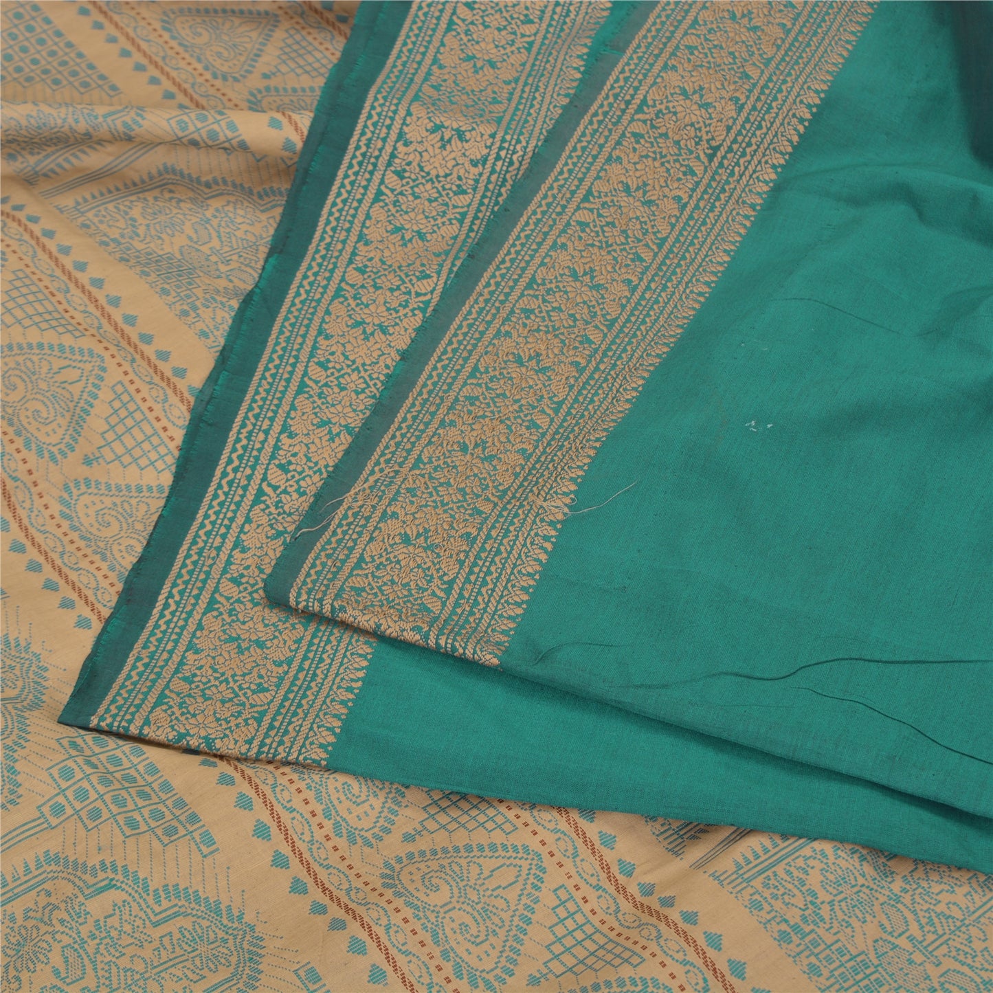 Sanskriti Vintage Green/Beige Sarees Blend Cotton Woven Premium Sari Fabric