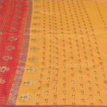 Sanskriti Vintage Yellow/Pink Sarees Pure Silk Brocade/Banarasi Zari Sari Fabric