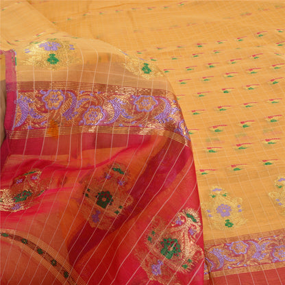 Sanskriti Vintage Yellow/Pink Sarees Pure Silk Brocade/Banarasi Zari Sari Fabric