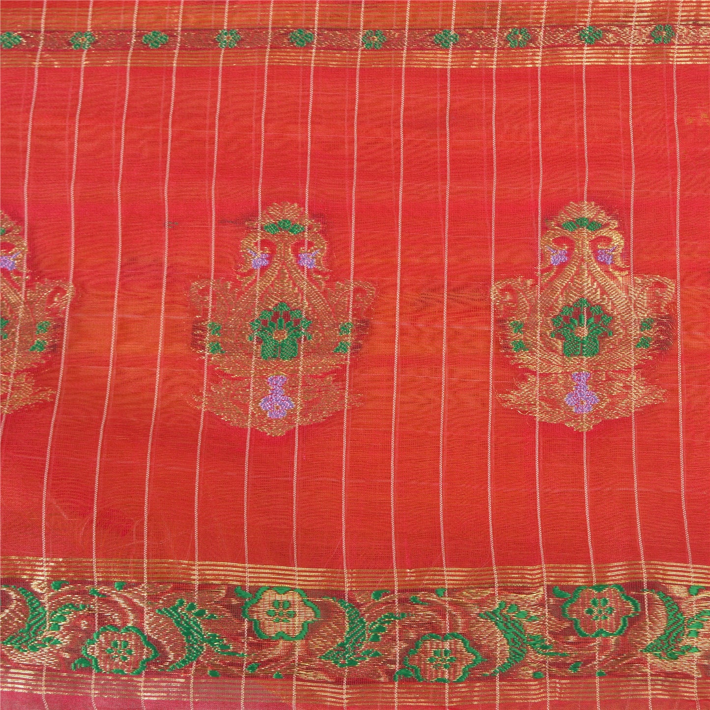 Sanskriti Vintage Yellow/Pink Sarees Pure Silk Brocade/Banarasi Zari Sari Fabric