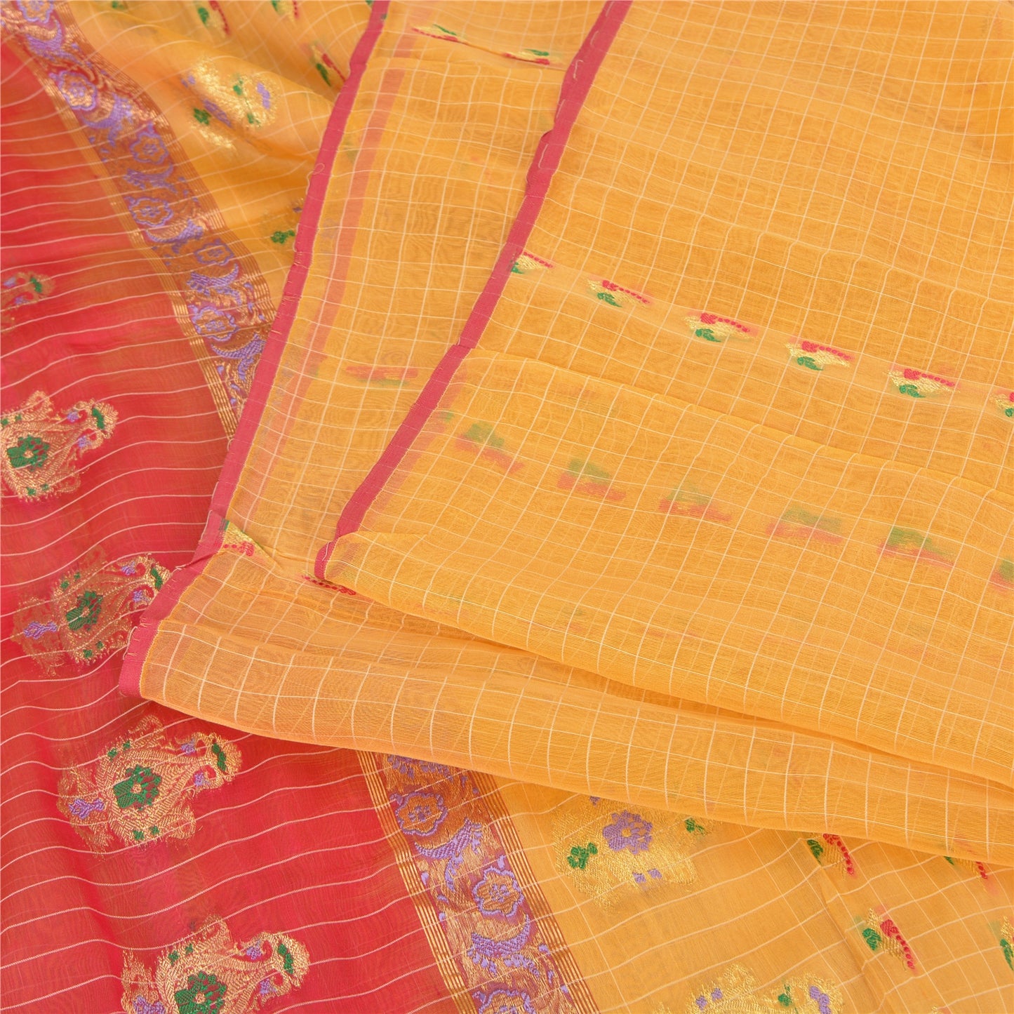 Sanskriti Vintage Yellow/Pink Sarees Pure Silk Brocade/Banarasi Zari Sari Fabric