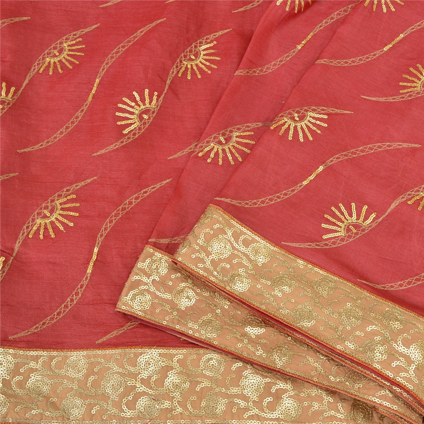 Sanskriti Vintage Red Sarees Pure Silk Hand Beaded Premium Sari Craft Fabric