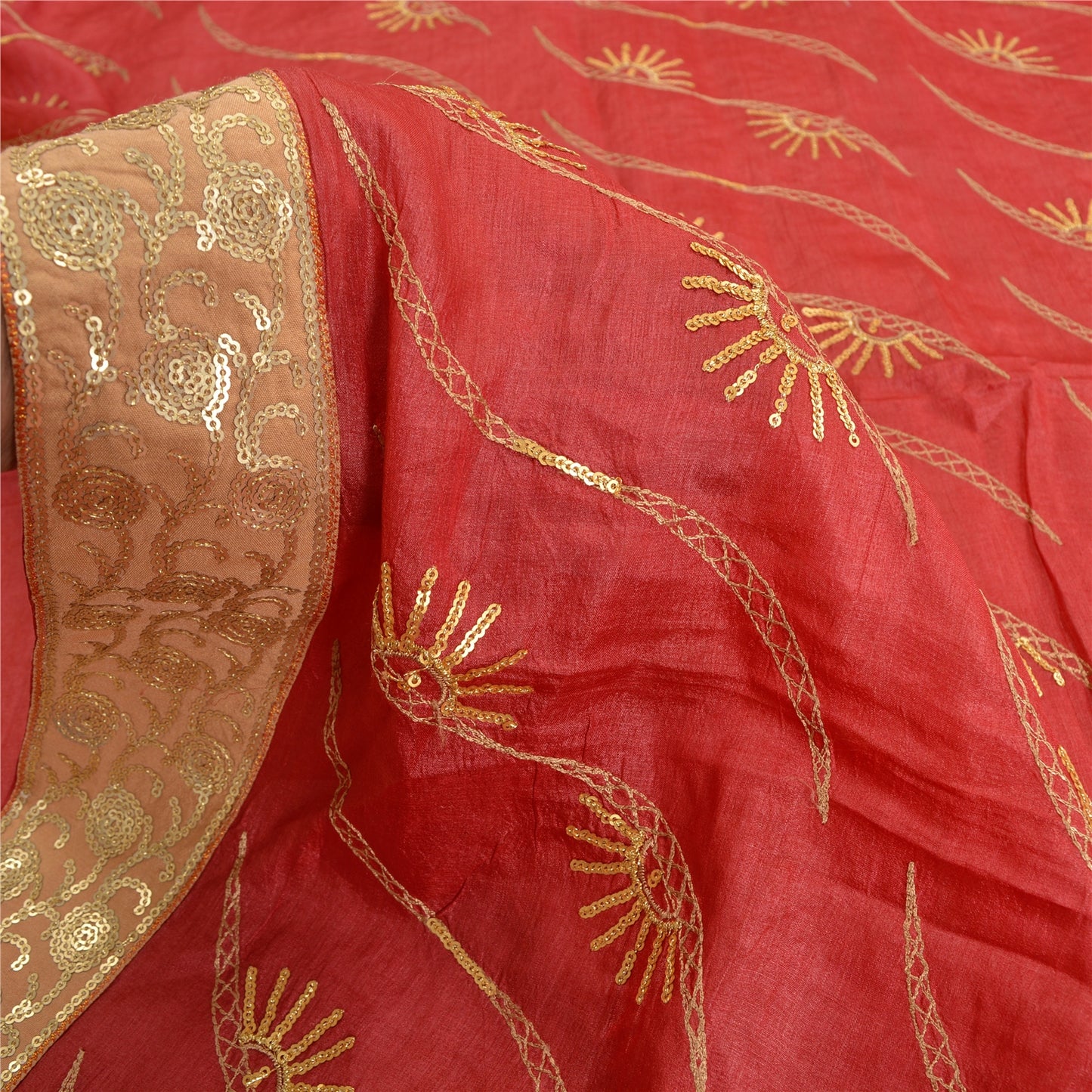 Sanskriti Vintage Red Sarees Pure Silk Hand Beaded Premium Sari Craft Fabric