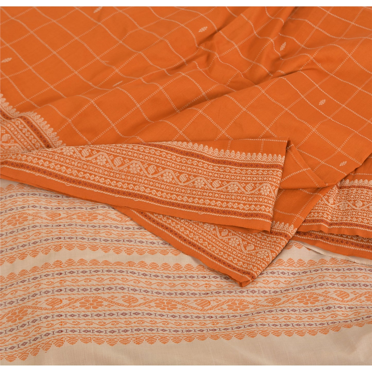 Sanskriti Vintage Orange/Ivory Sarees Pure Cotton Woven Premium Sari 5yrd Fabric