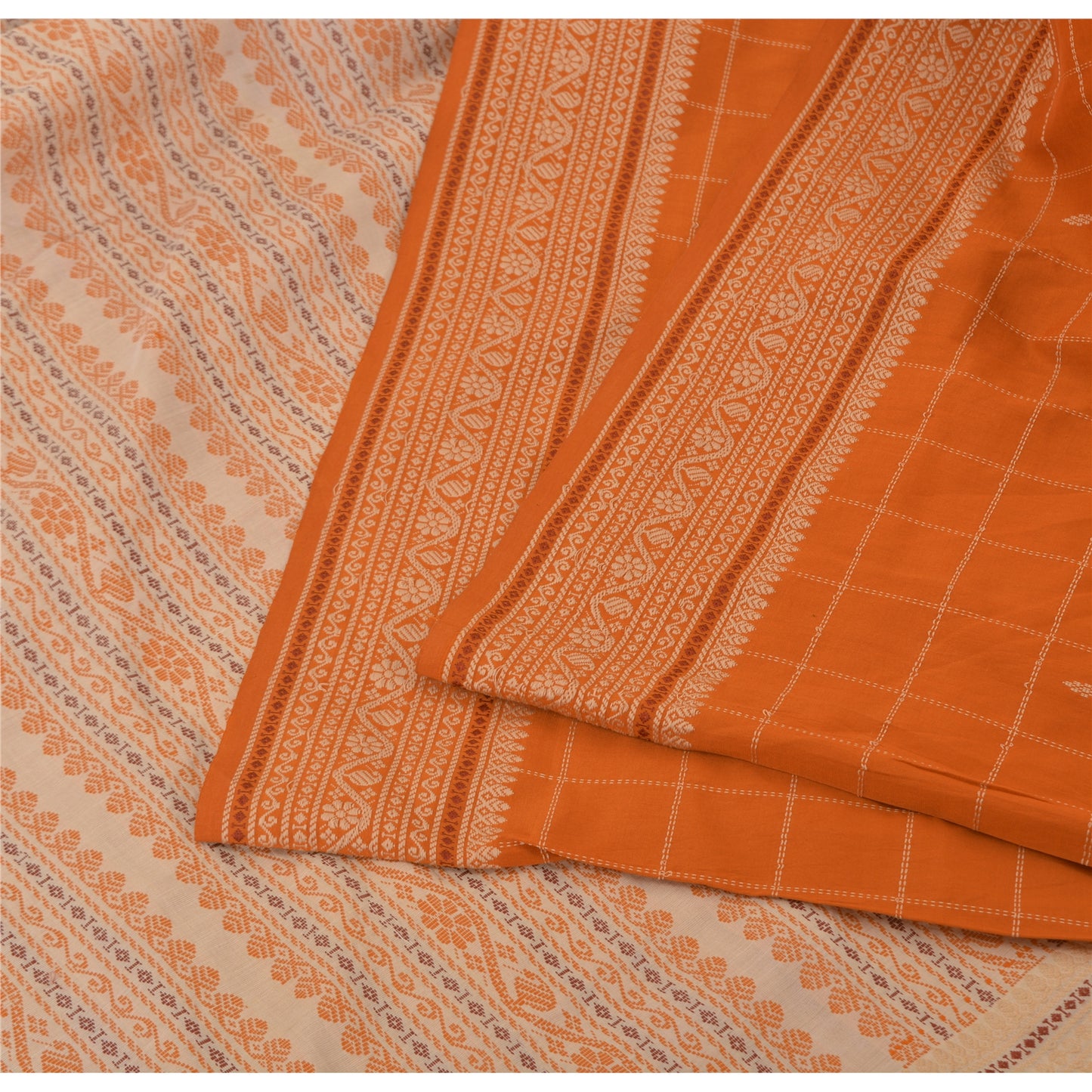 Sanskriti Vintage Orange/Ivory Sarees Pure Cotton Woven Premium Sari 5yrd Fabric