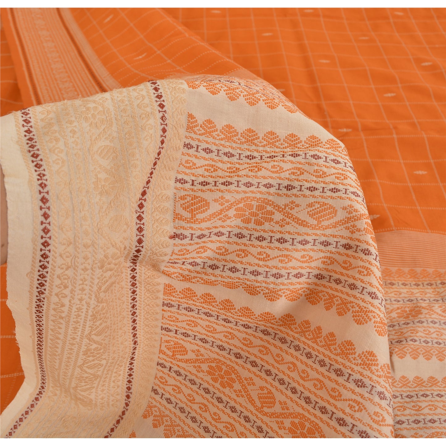 Sanskriti Vintage Orange/Ivory Sarees Pure Cotton Woven Premium Sari 5yrd Fabric