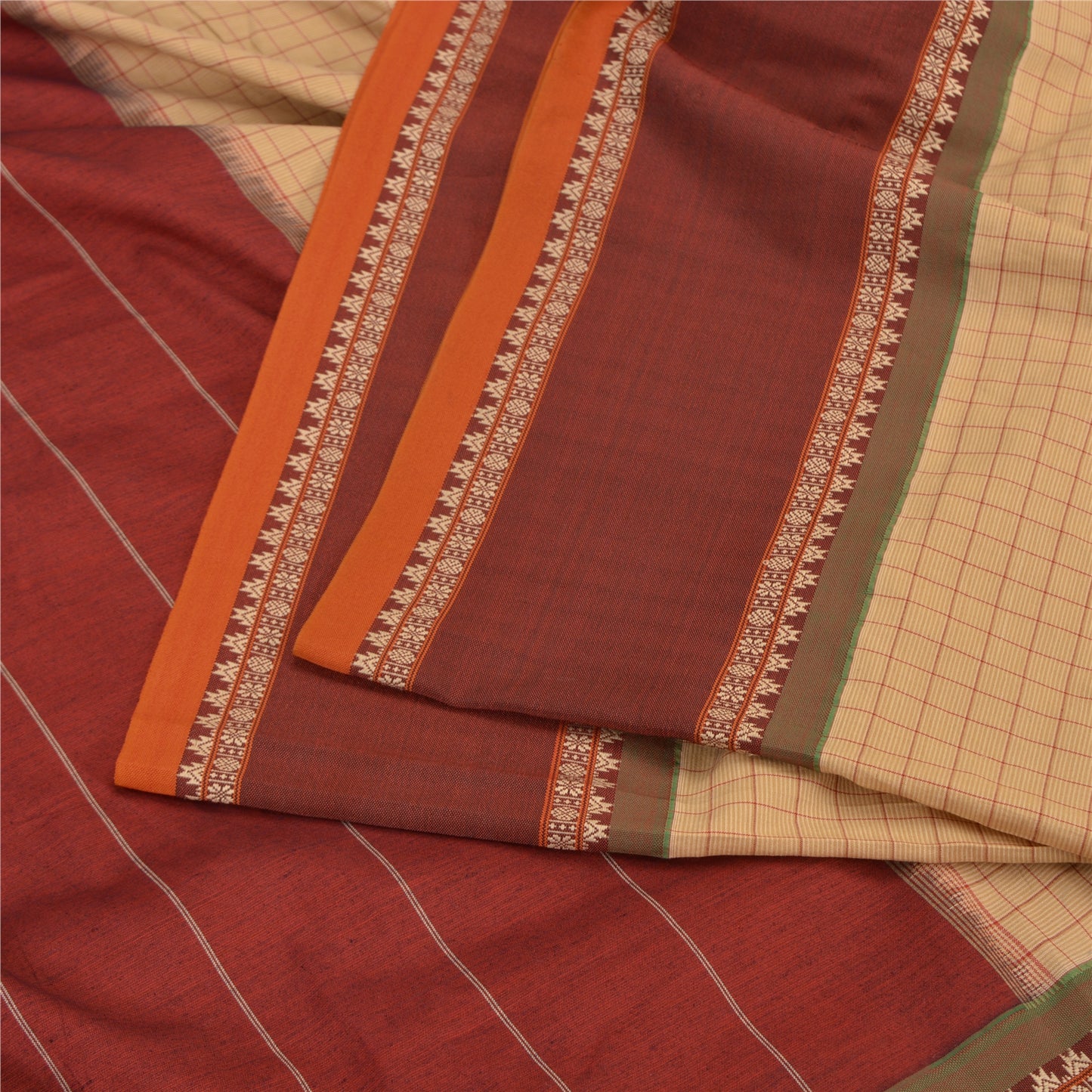 Sanskriti Vintage Cream/Dark Red Sarees Cotton Woven Bomkai Premium Sari Fabric