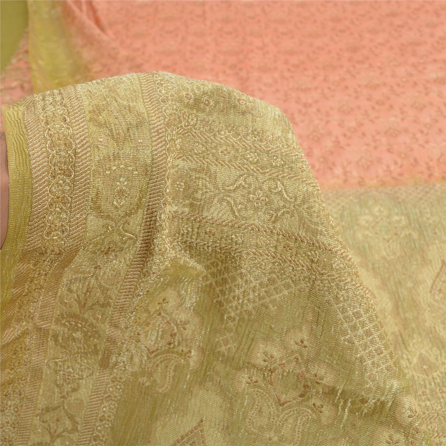 Sanskriti Vintage Golden/Peach Sarees Pure Silk Woven Premium Sari Craft Fabric