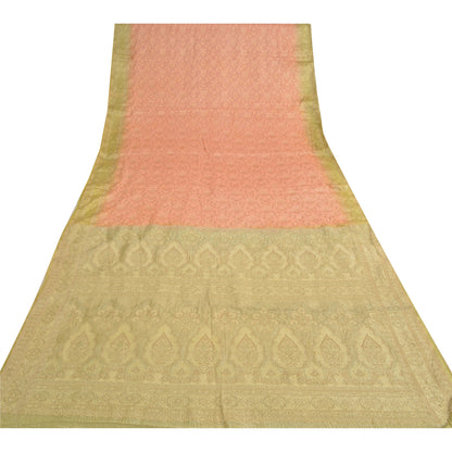 Sanskriti Vintage Golden/Peach Sarees Pure Silk Woven Premium Sari Craft Fabric