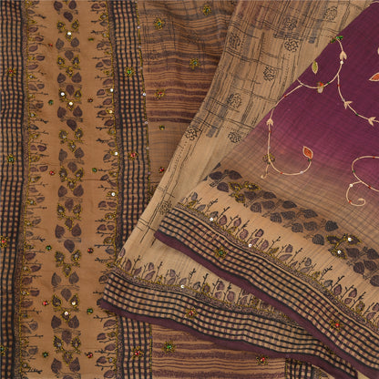 Sanskriti Vintage Brown/Purple Sarees Pure Crepe Silk Hand Beaded Sari Fabric