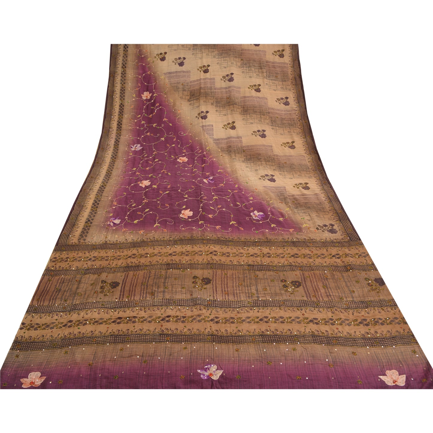 Sanskriti Vintage Brown/Purple Sarees Pure Crepe Silk Hand Beaded Sari Fabric