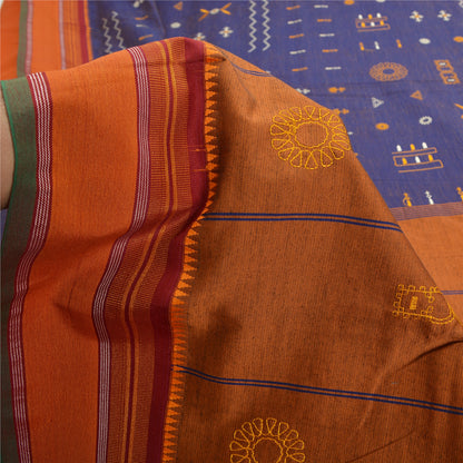 Sanskriti Vintage Blue/Saffron Sarees Blend Silk Embroidered Premium Sari Fabric