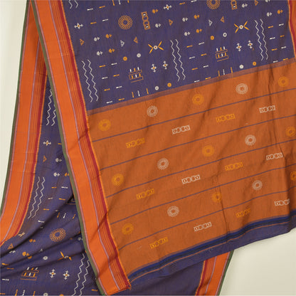 Sanskriti Vintage Blue/Saffron Sarees Blend Silk Embroidered Premium Sari Fabric