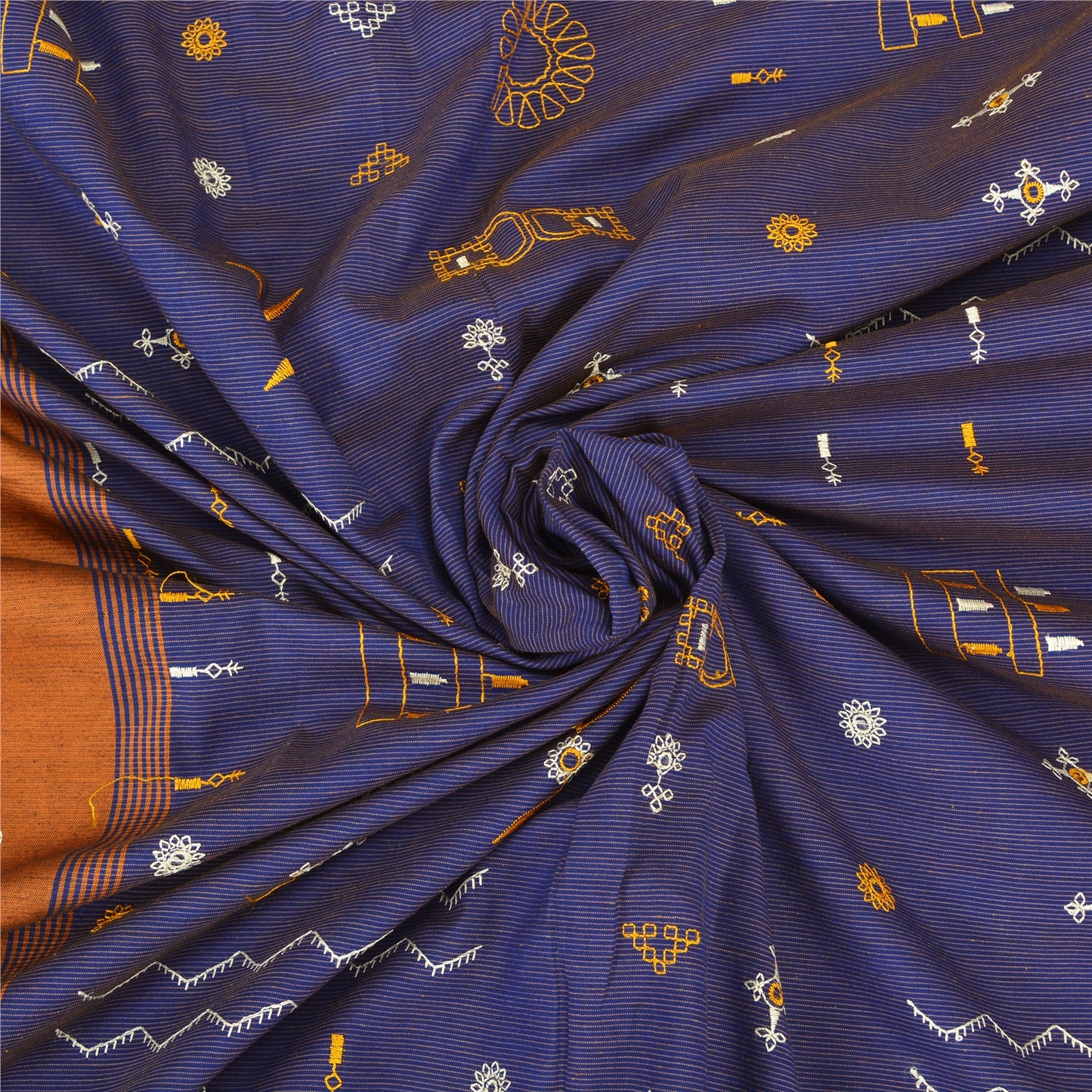 Sanskriti Vintage Blue/Saffron Sarees Blend Silk Embroidered Premium Sari Fabric