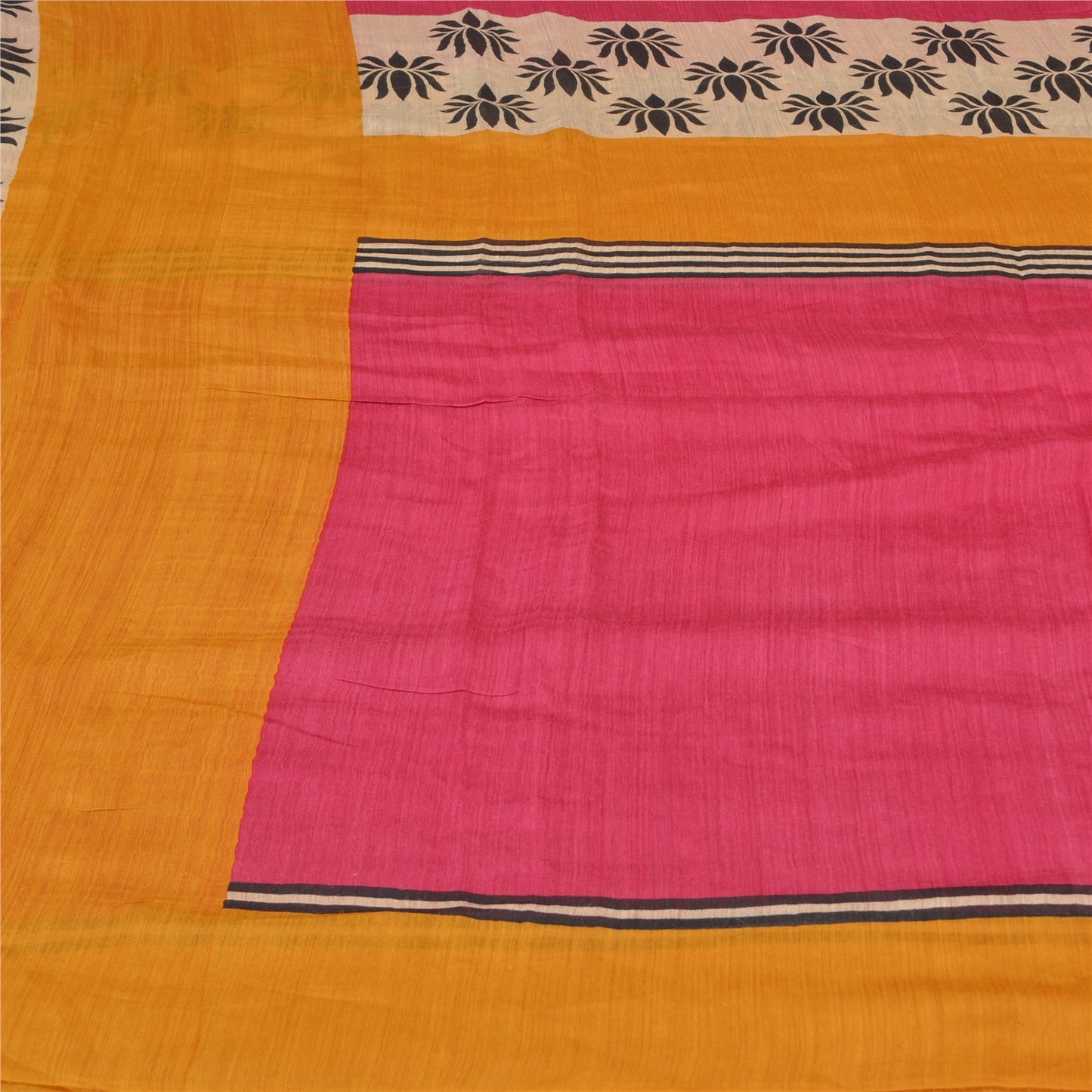 Sanskriti Vintage Pink/Saffron Sarees Pure Silk Printed Sari Craft Fabric