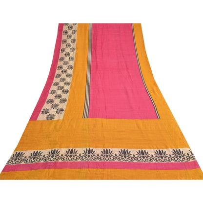 Sanskriti Vintage Pink/Saffron Sarees Pure Silk Printed Sari Craft Fabric