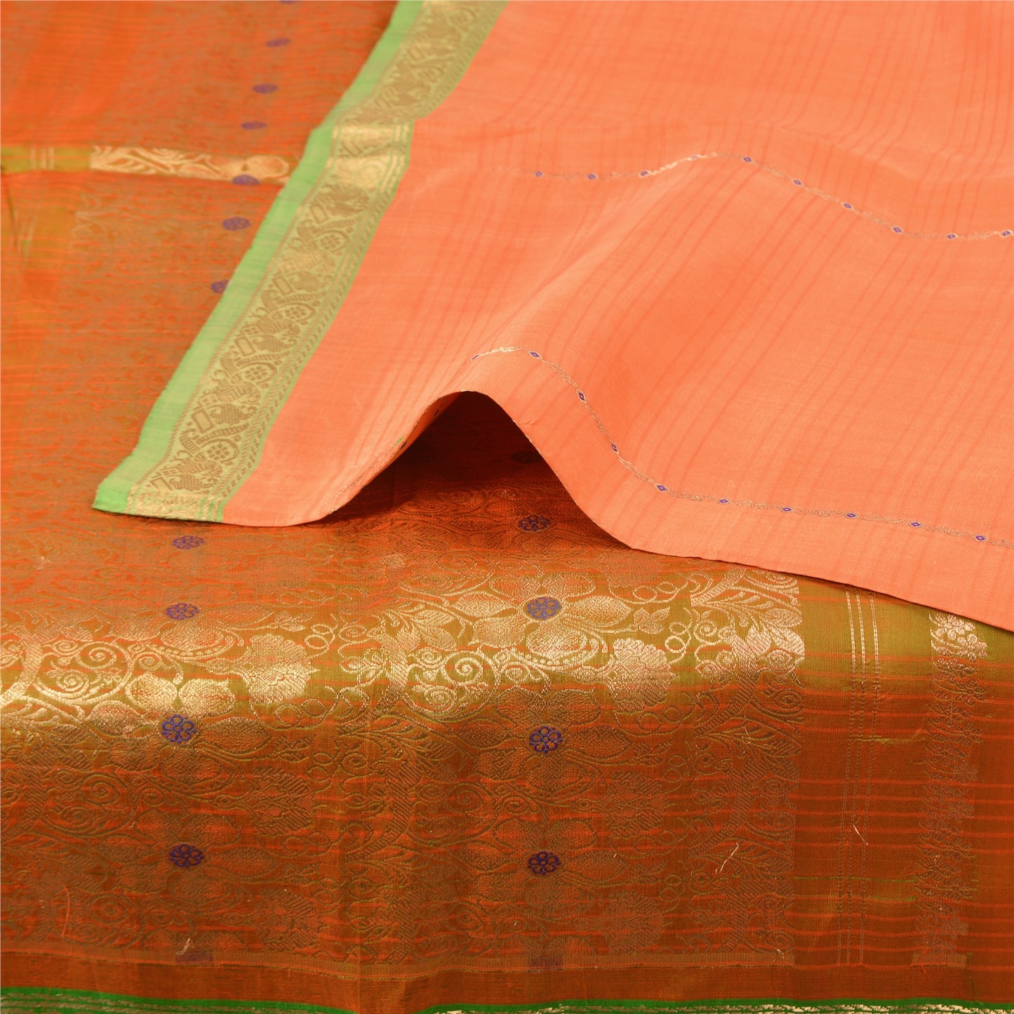 Sanskriti Vintage Orange/Green Sarees Pure Silk Woven Brocade Sari Fabric