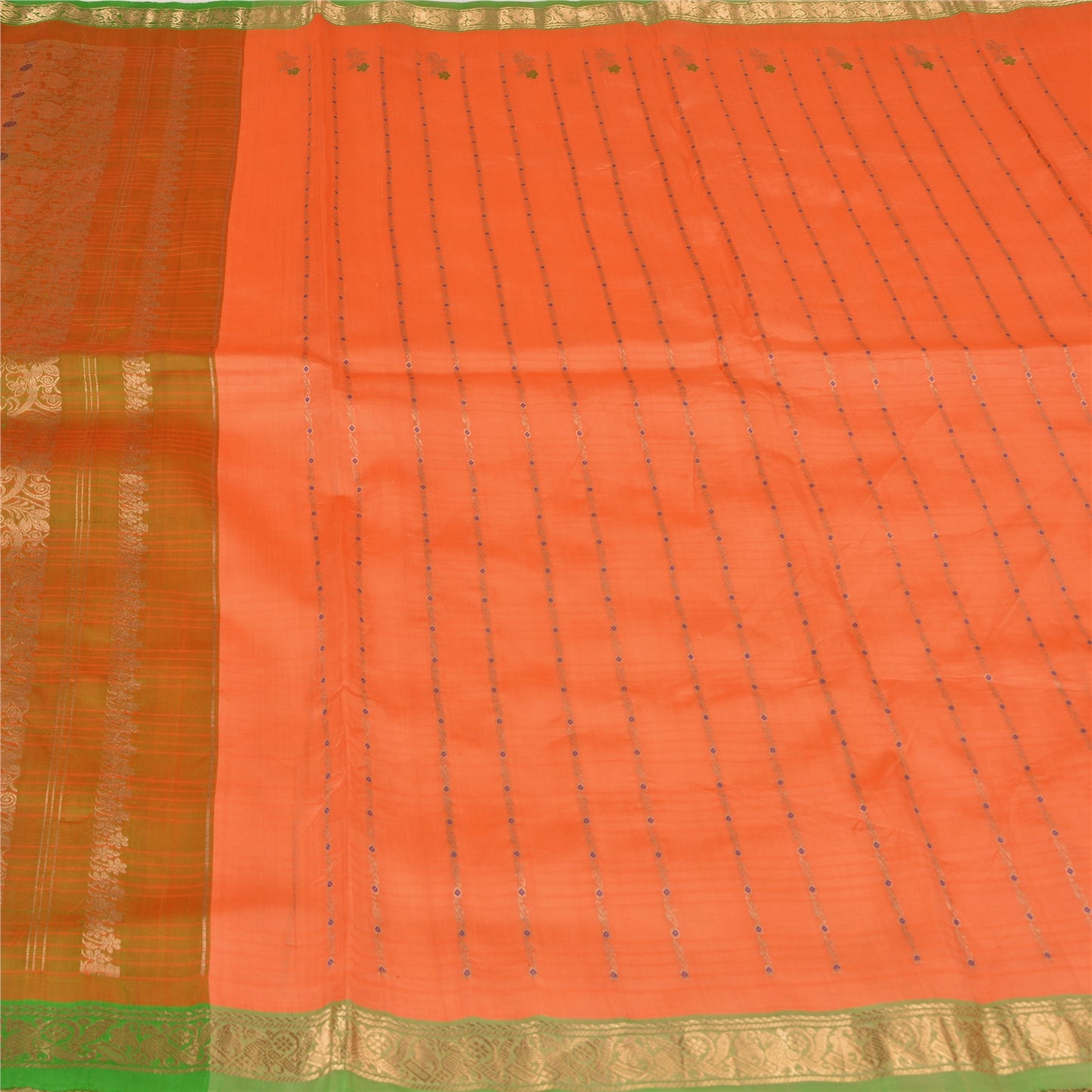 Sanskriti Vintage Orange/Green Sarees Pure Silk Woven Brocade Sari Fabric