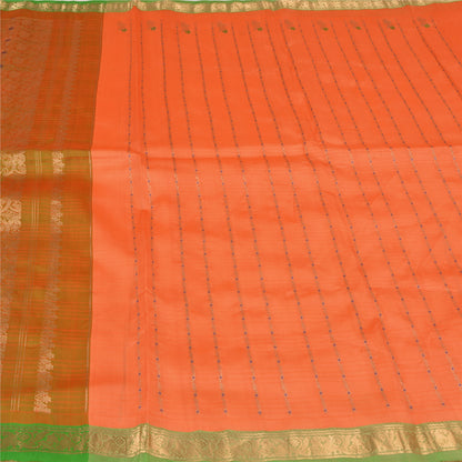 Sanskriti Vintage Orange/Green Sarees Pure Silk Woven Brocade Sari Fabric