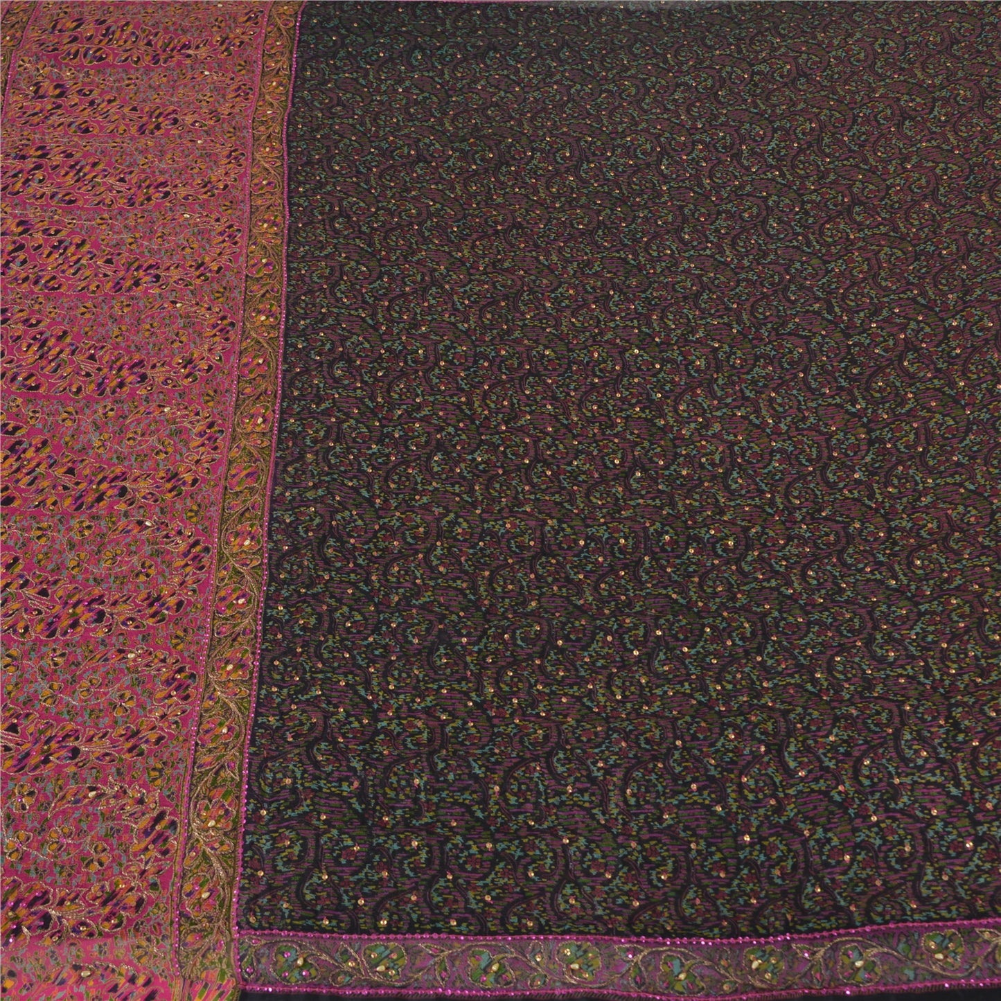 Sanskriti Vintage Sarees Black/Pink Hand Beaded Pure Silk Sari 5yd Craft Fabric