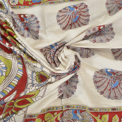 Sanskriti Vintage Sarees Ivory Peacock HandmadeKalamkari Pure Cotton Sari Fabric