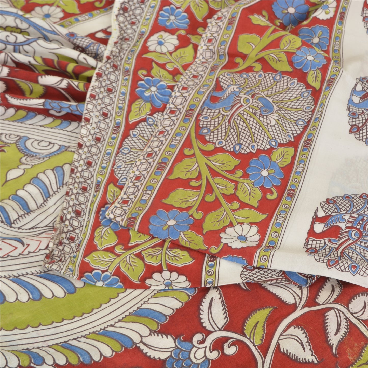 Sanskriti Vintage Sarees Ivory Peacock HandmadeKalamkari Pure Cotton Sari Fabric