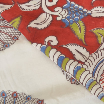 Sanskriti Vintage Sarees Ivory Peacock HandmadeKalamkari Pure Cotton Sari Fabric