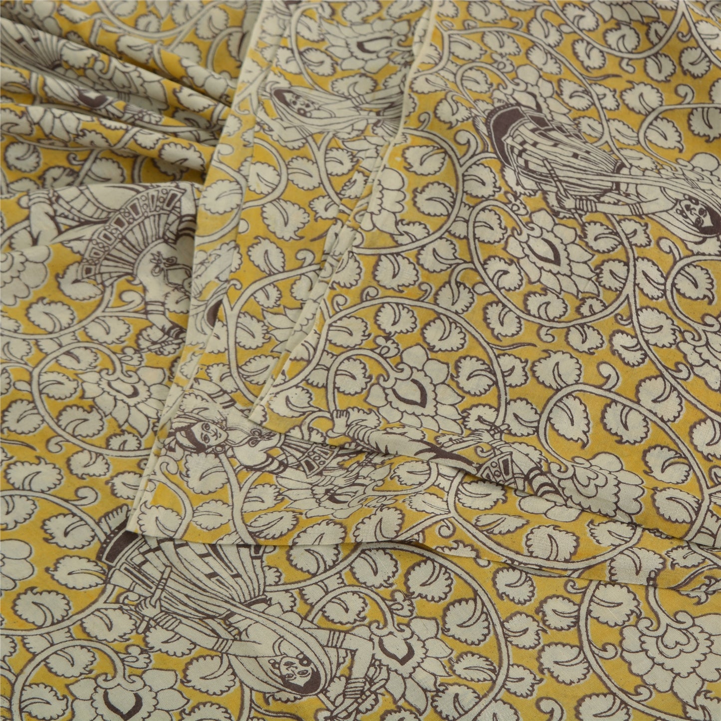 Sanskriti Vintage Sarees Yellow/Ivory HandBlockKalamkari Pure Cotton Sari Fabric