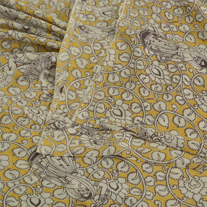 Sanskriti Vintage Sarees Yellow/Ivory HandBlockKalamkari Pure Cotton Sari Fabric