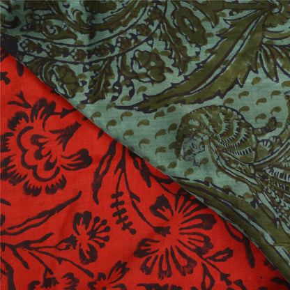 Sanskriti Vintage Sarees Red/Green Handmade Kalamkari Pure Cotton Sari Fabric