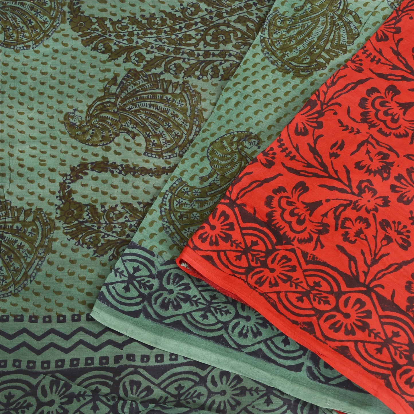 Sanskriti Vintage Sarees Red/Green Handmade Kalamkari Pure Cotton Sari Fabric