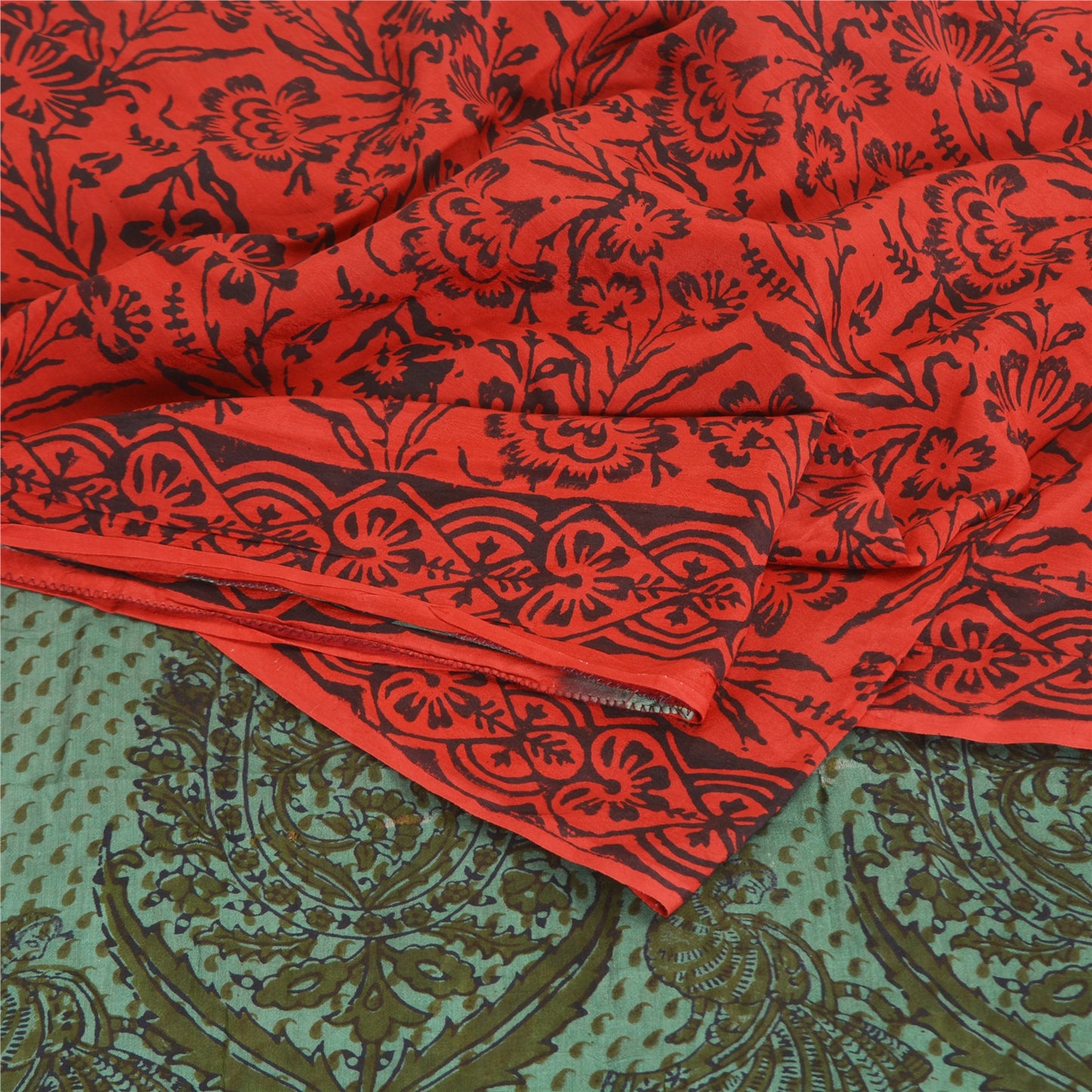 Sanskriti Vintage Sarees Red/Green Handmade Kalamkari Pure Cotton Sari Fabric