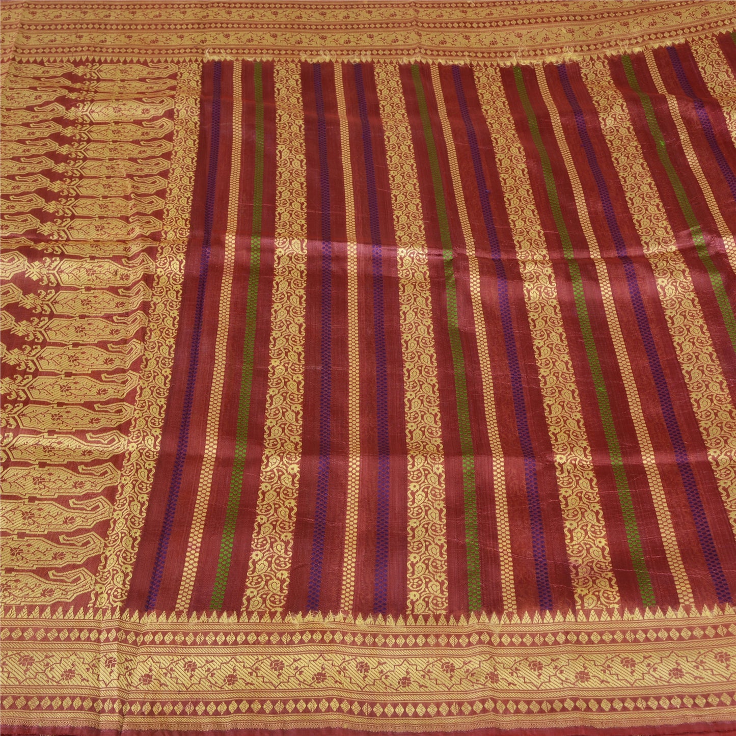 Sanskriti Vintage Sarees Indian Purple Woven Pure Silk Sari Floral Craft Fabric