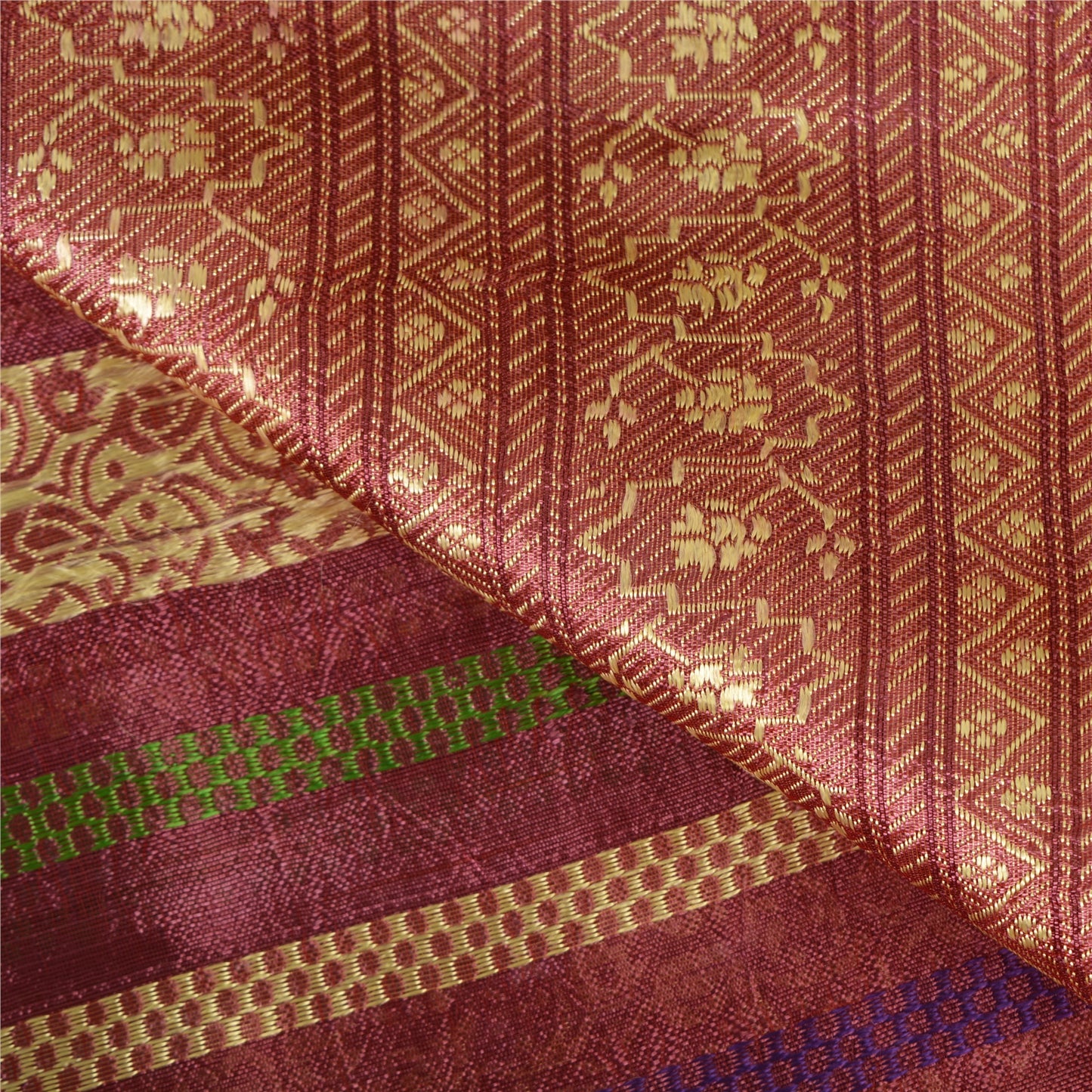 Sanskriti Vintage Sarees Indian Purple Woven Pure Silk Sari Floral Craft Fabric