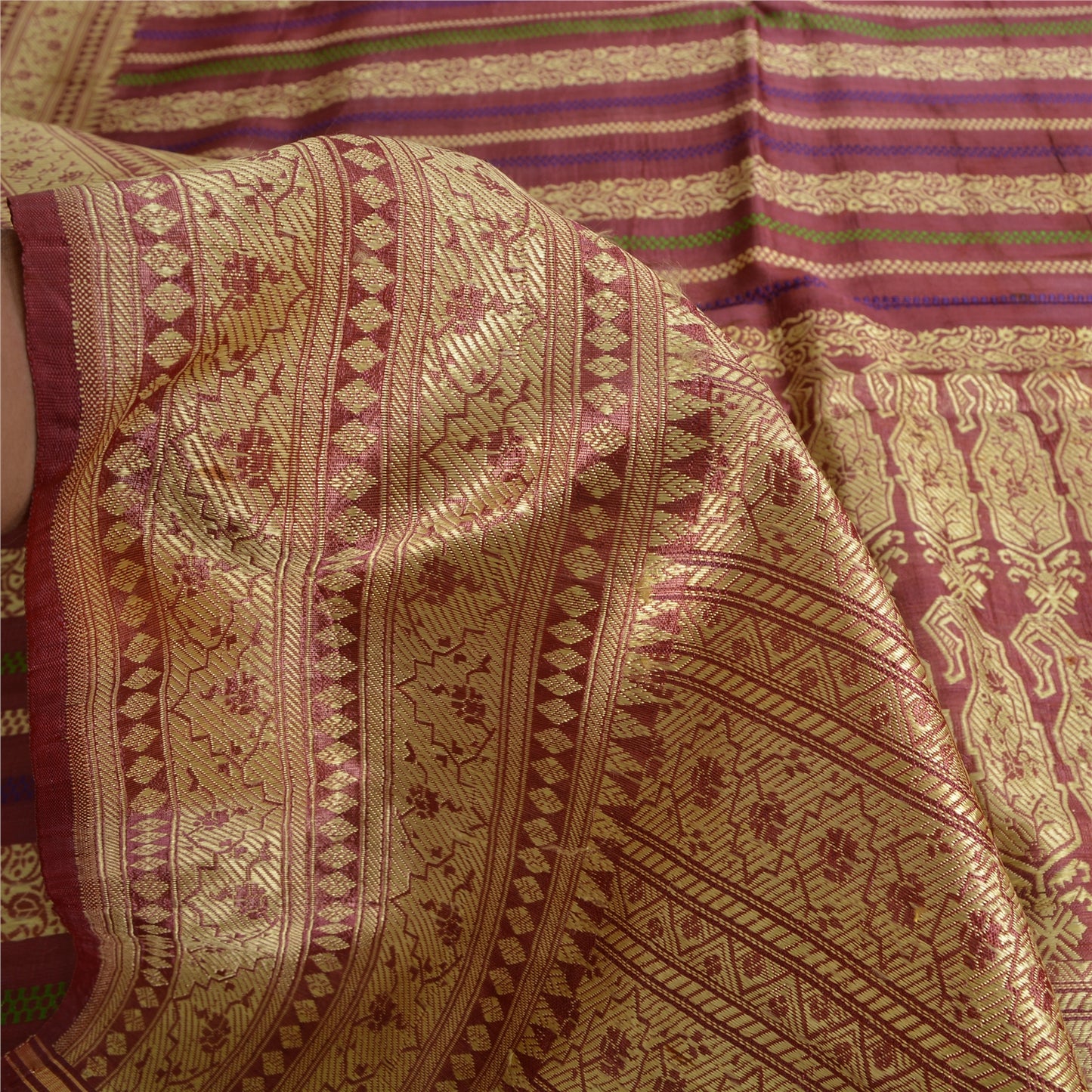 Sanskriti Vintage Sarees Indian Purple Woven Pure Silk Sari Floral Craft Fabric