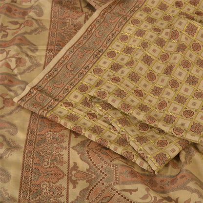 Sanskriti Vintage Sarees Indian Cream Woven Pure Silk Sari Floral Craft Fabric