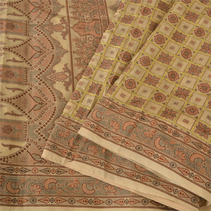 Sanskriti Vintage Sarees Indian Cream Woven Pure Silk Sari Floral Craft Fabric