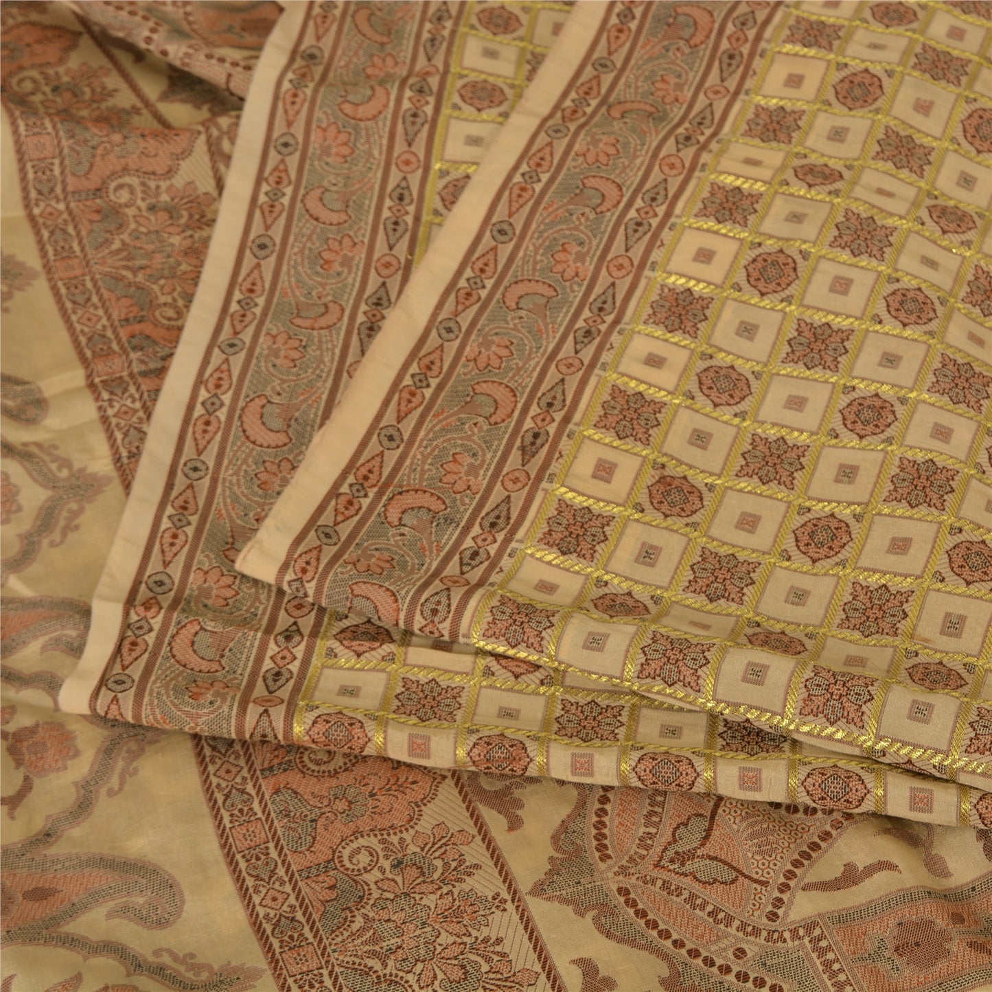 Sanskriti Vintage Sarees Indian Cream Woven Pure Silk Sari Floral Craft Fabric