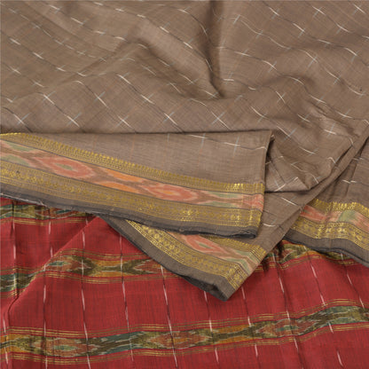 Sanskriti Vintage Sarees Light-Brown Ikat Hand-Woven Cotton Silk Sari 5yd Fabric