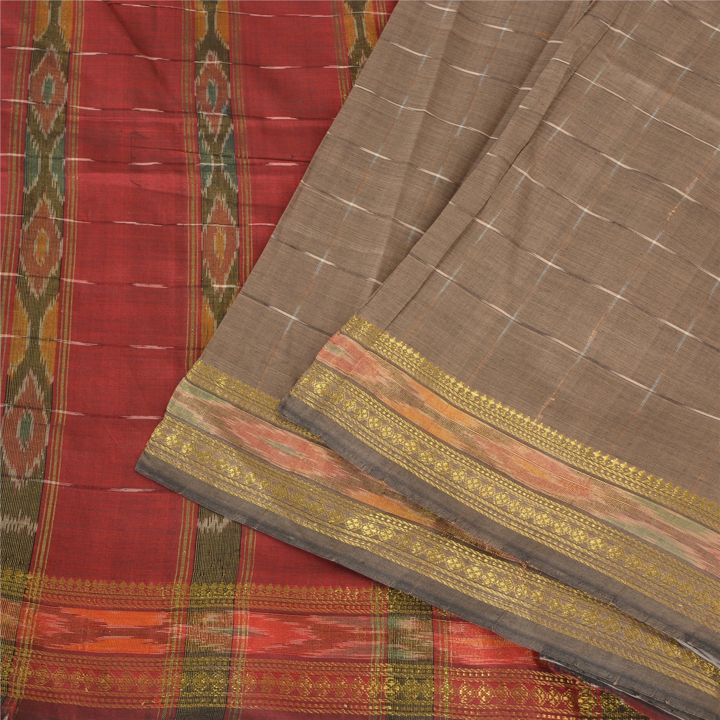 Sanskriti Vintage Sarees Light-Brown Ikat Hand-Woven Cotton Silk Sari 5yd Fabric